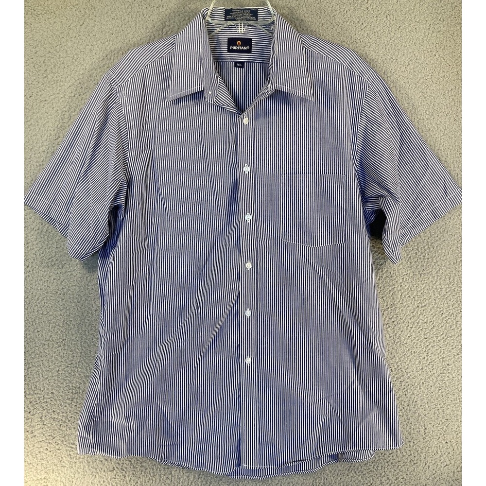 Puritan Shirt Men's 16 1/2‎ Blue Stripe Short Sleeve Wrinkle Free Made In USA